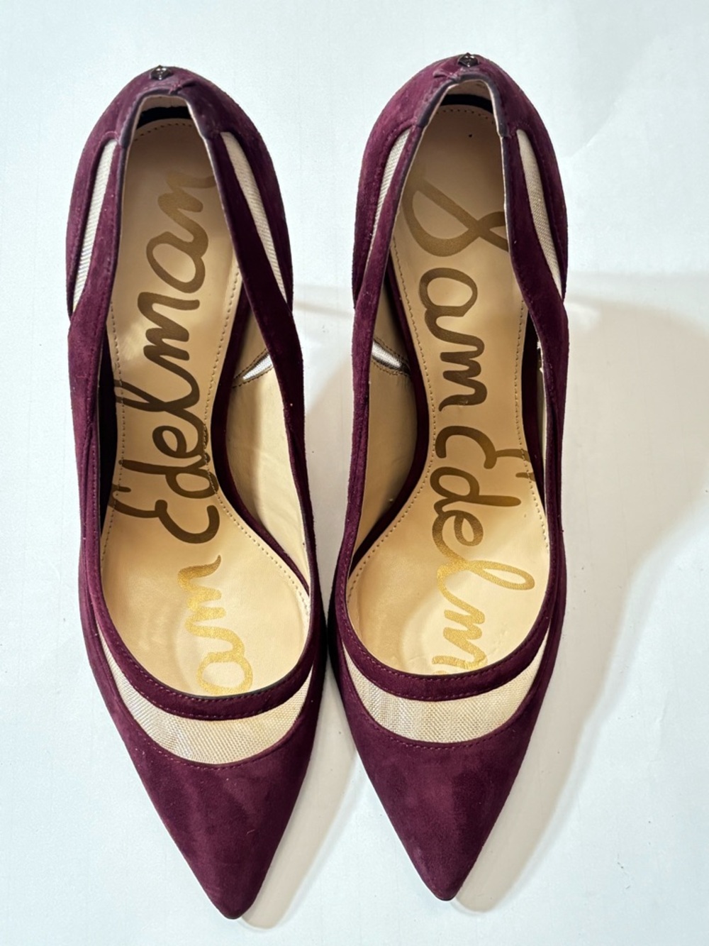 Sam Edelman Burgundy Suede Pointed-Toe Mesh-Inset Pumps - Picture 2 of 15